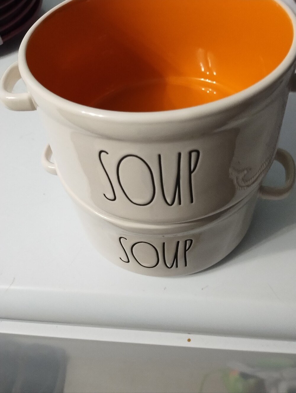 2 New Rae Dunn Cream Ceramic Soup/Souffle Bowls with Orange Interior
